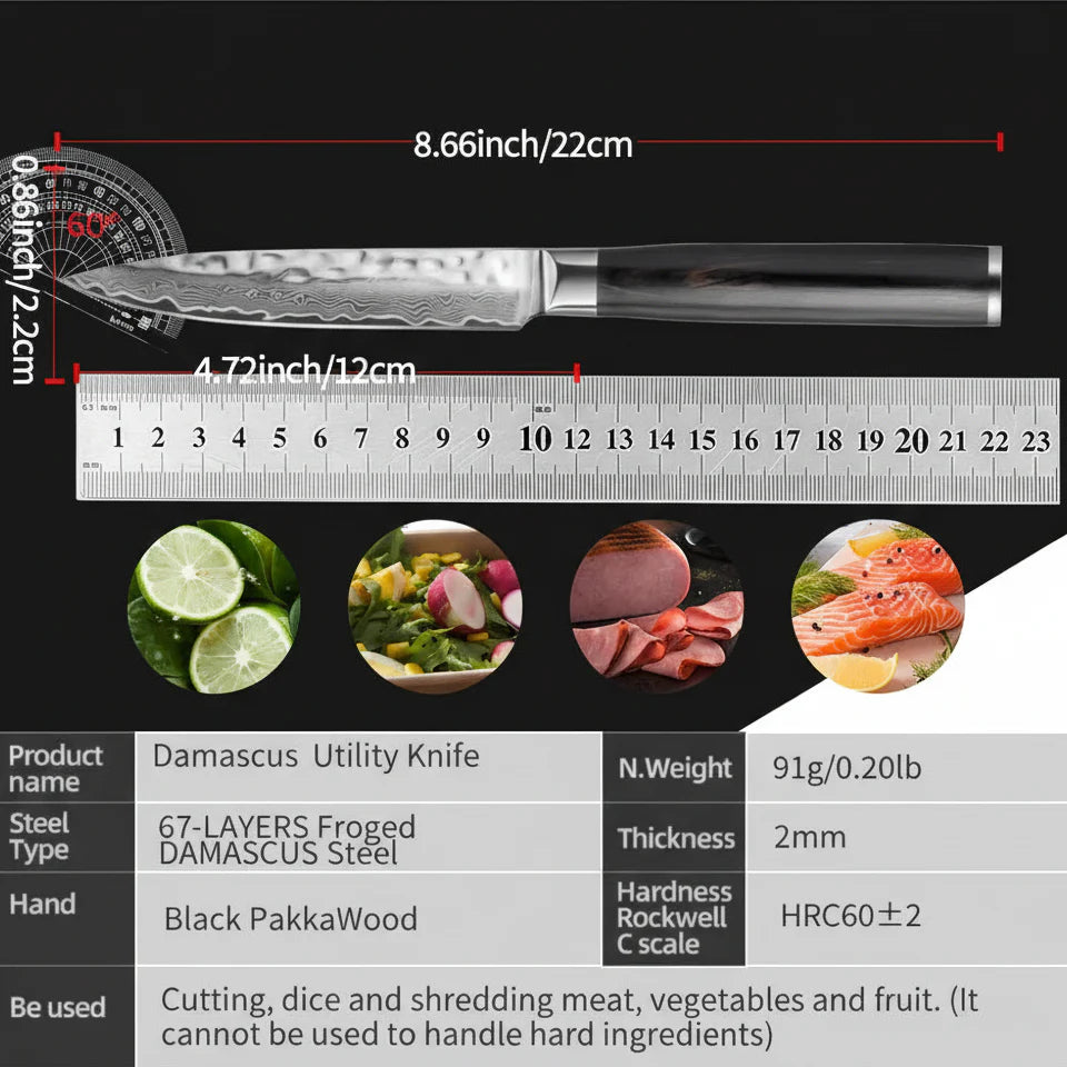 Damascus Steel Fruit & Fillet Knife — Vintage Wood Handle Chef Knife