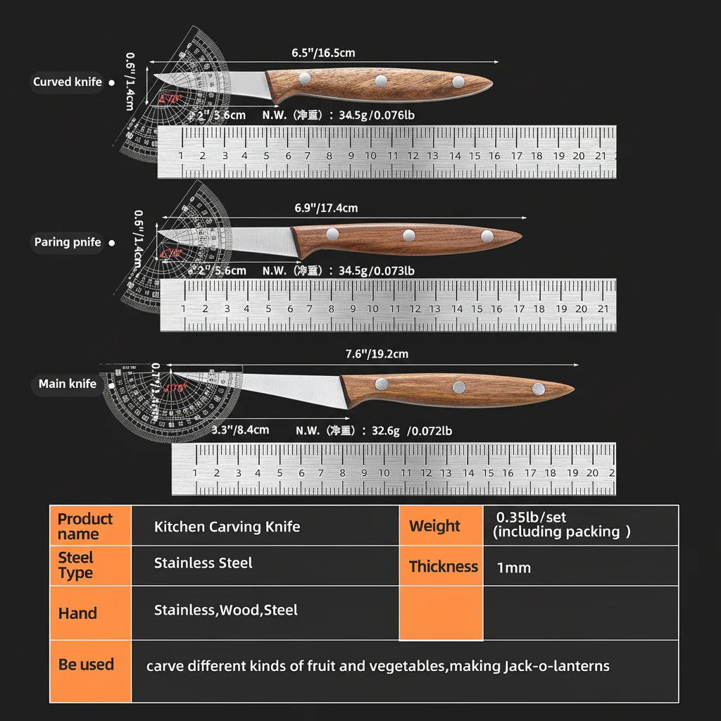 3-Piece Stainless Steel Carving Knife Set — Wood Handle Kitchen Knives