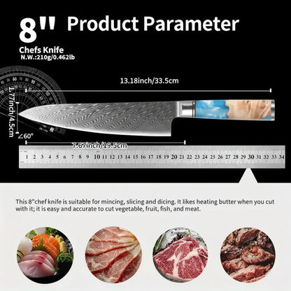 Damascus Chef Knife – Blue Resin Wood Handle