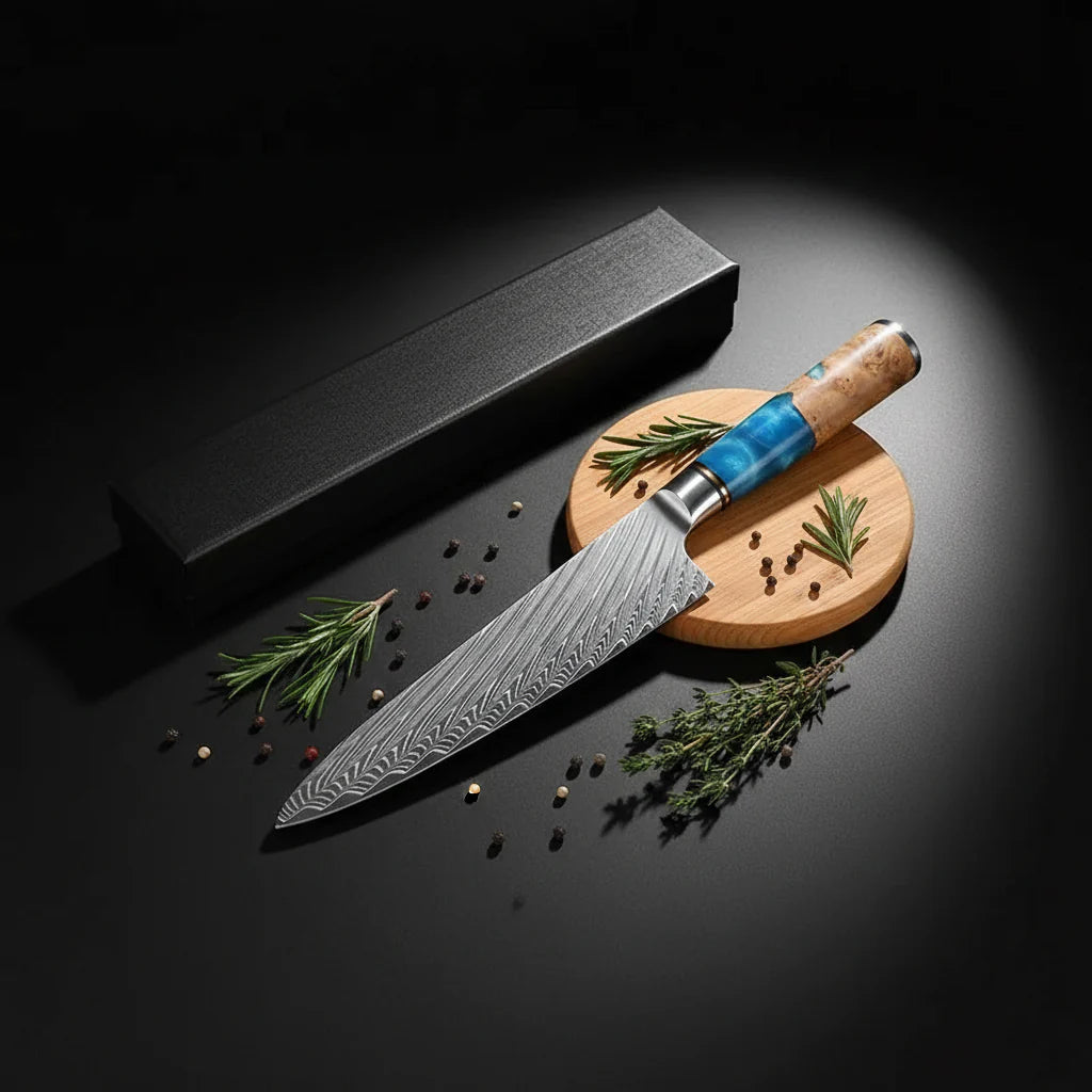 Damascus Chef Knife – Blue Resin Wood Handle