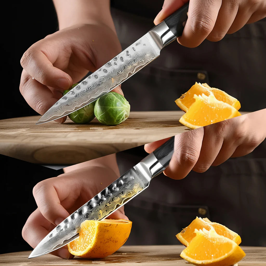 Damascus Steel Fruit & Fillet Knife — Vintage Wood Handle Chef Knife