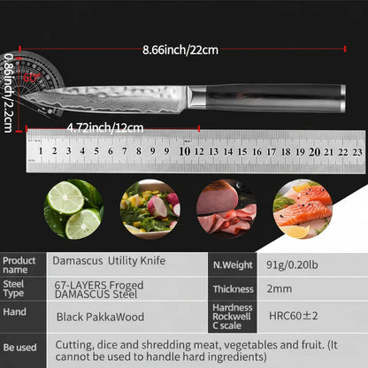 Damascus Steel Fruit & Fillet Knife — Vintage Wood Handle Chef Knife