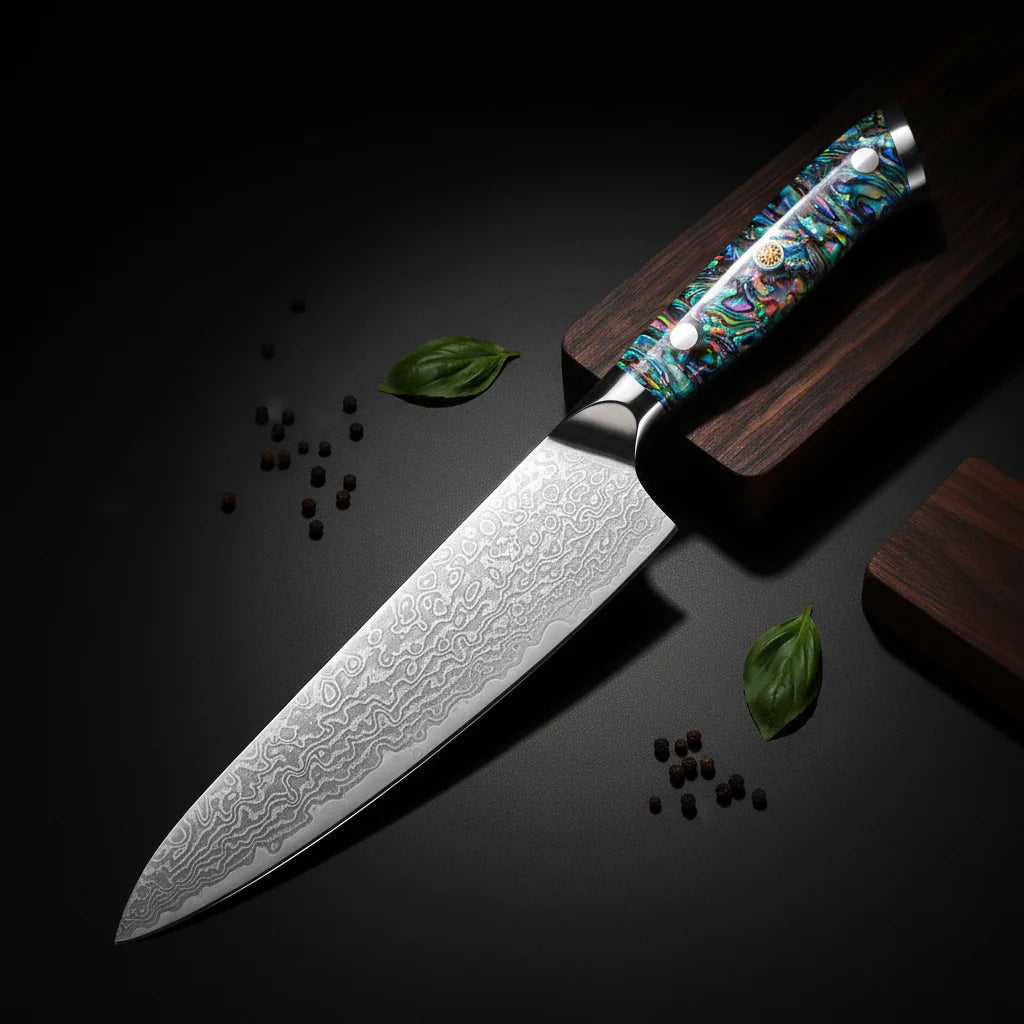 Damascus Chef Knife – Abalone Shell Ergonomic Handle