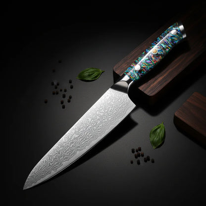 Damascus Chef Knife – Abalone Shell Ergonomic Handle