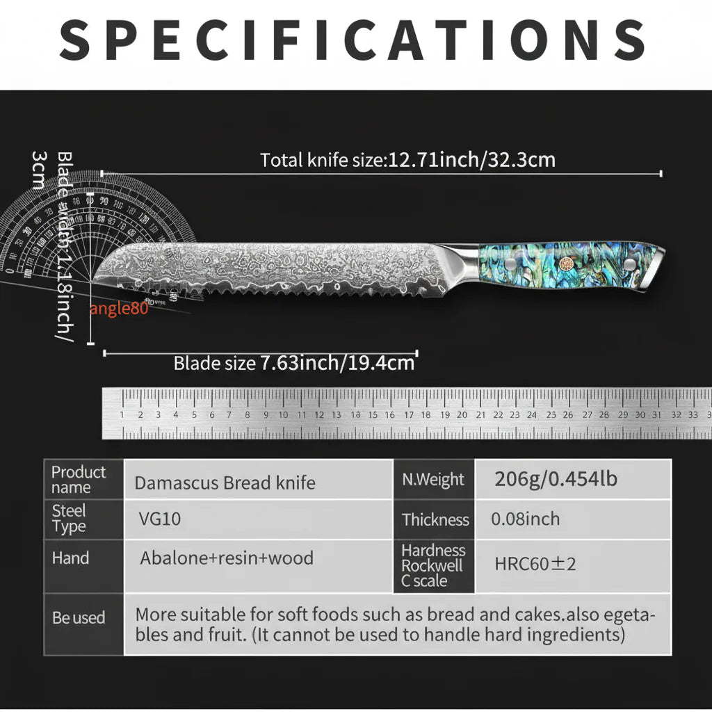 8-Inch Damascus Bread Knife – 67-Layer Steel, Abalone Shell Handle