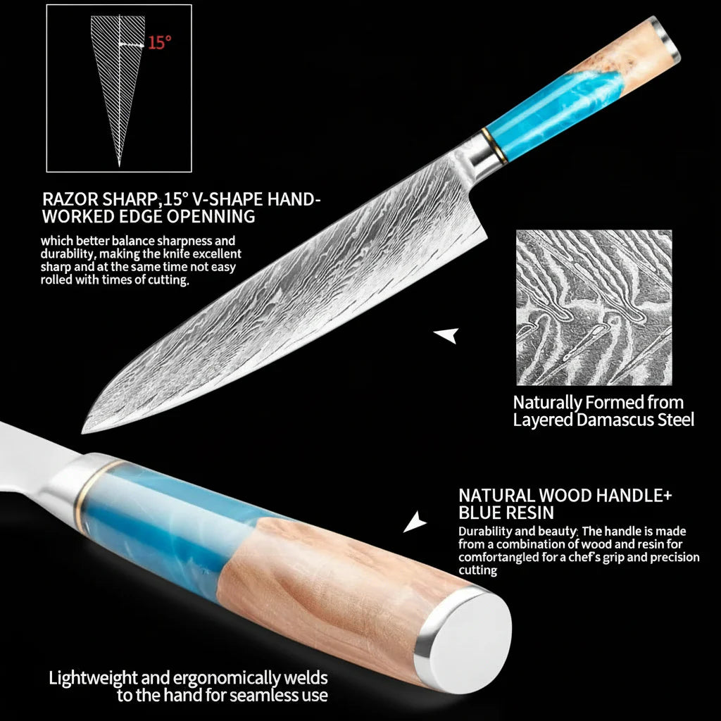 Damascus Chef Knife – Blue Resin Wood Handle