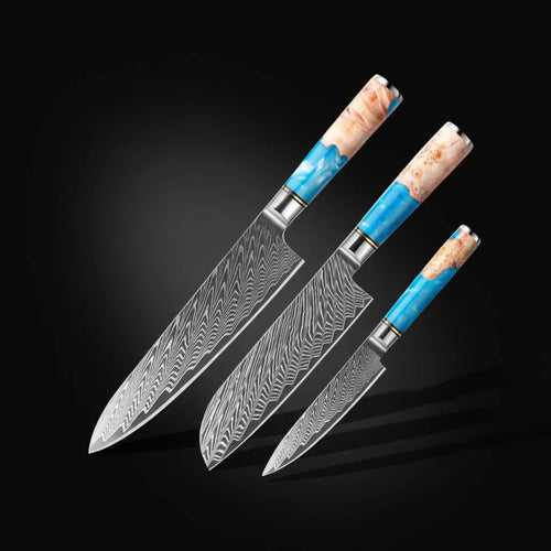 67-Layer Damascus Kitchen Knife Set – Chef, Nakiri, Utility & Santoku Knives with Wooden Handle