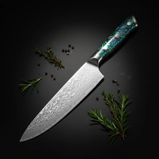Damascus Chef Knife – Abalone Shell Ergonomic Handle