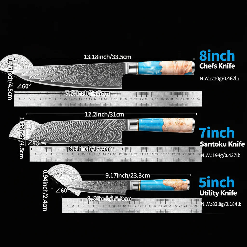 67-Layer Damascus Kitchen Knife Set – Chef, Nakiri, Utility & Santoku Knives with Wooden Handle