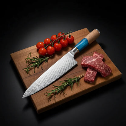 Damascus Chef Knife – Blue Resin Wood Handle