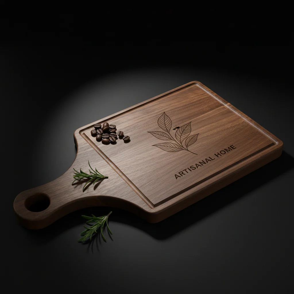 Walnut Cutting Board Paddle Shape 13×12×7 | Handmade Wooden Serving Board with Drip Ring | Premium Kitchen Board