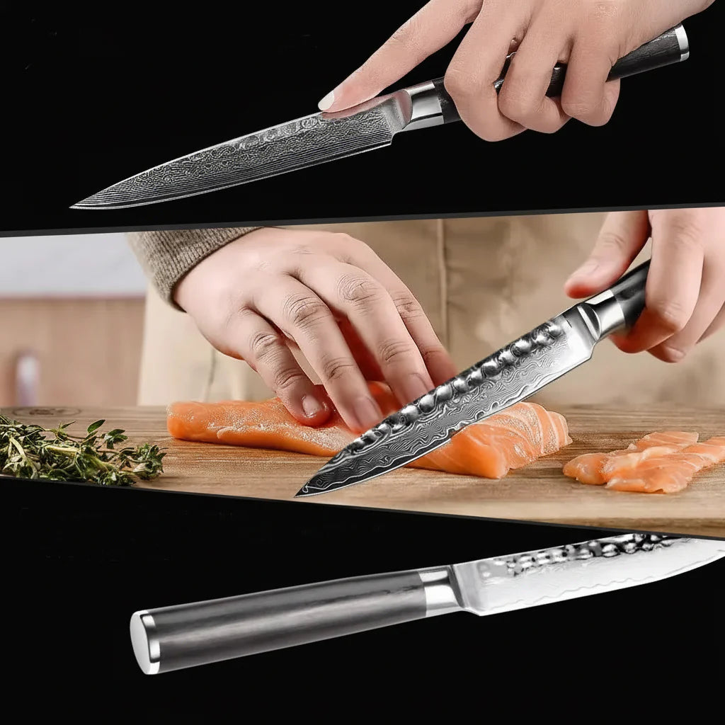 Damascus Steel Fruit & Fillet Knife — Vintage Wood Handle Chef Knife