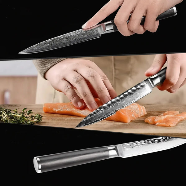 Damascus Steel Fruit & Fillet Knife — Vintage Wood Handle Chef Knife