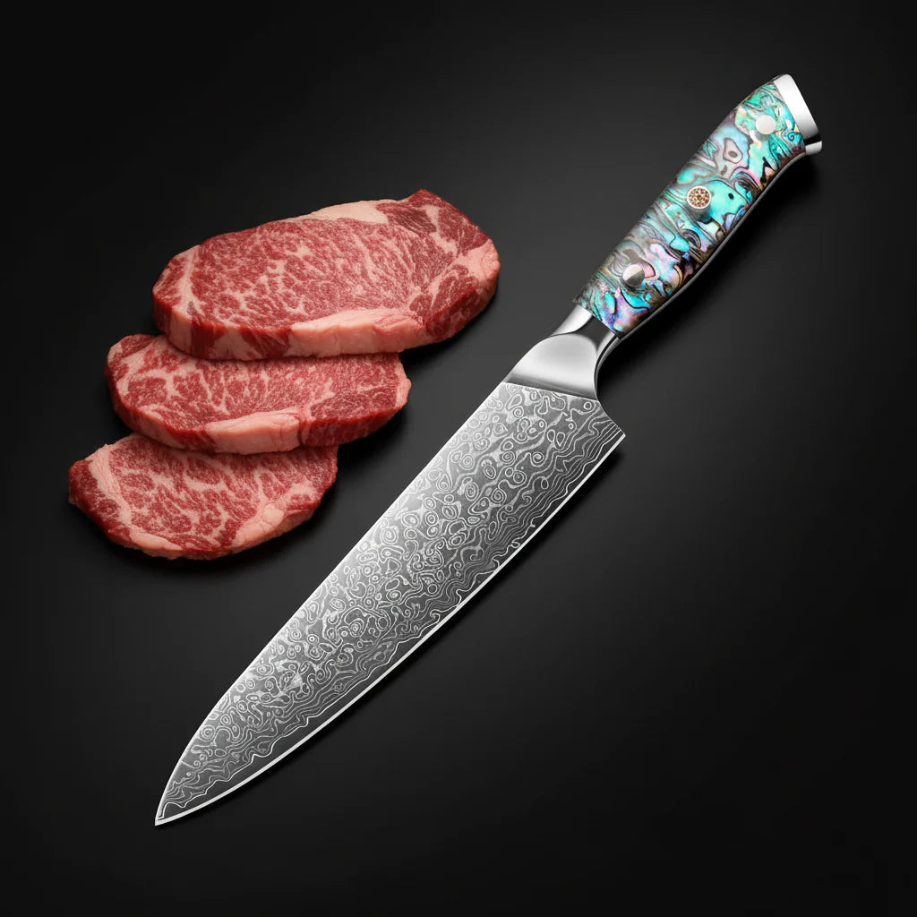Damascus Chef Knife – Abalone Shell Ergonomic Handle