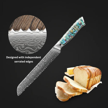 8-Inch Damascus Bread Knife – 67-Layer Steel, Abalone Shell Handle