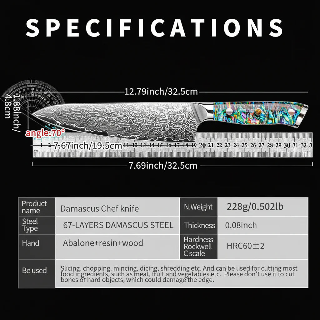 Damascus Chef Knife – Abalone Shell Ergonomic Handle