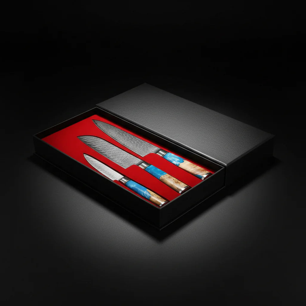 67-Layer Damascus Kitchen Knife Set – Chef, Nakiri, Utility & Santoku Knives with Wooden Handle