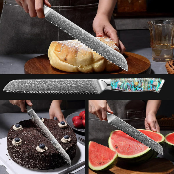 8-Inch Damascus Bread Knife – 67-Layer Steel, Abalone Shell Handle