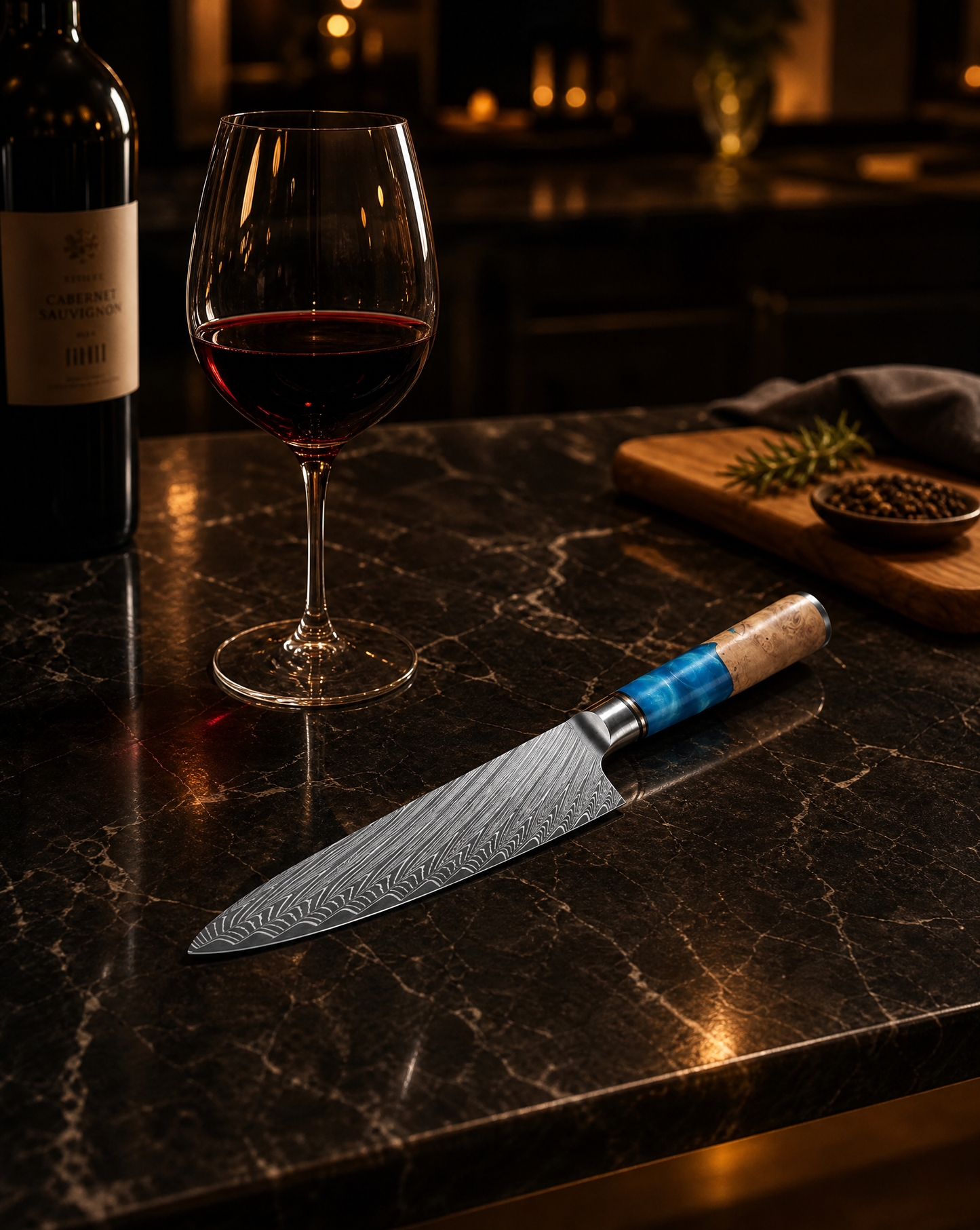 Damascus Chef Knife – Blue Resin Wood Handle