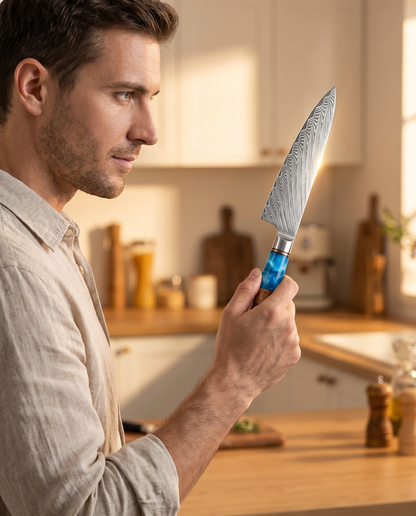 Damascus Chef Knife – Blue Resin Wood Handle