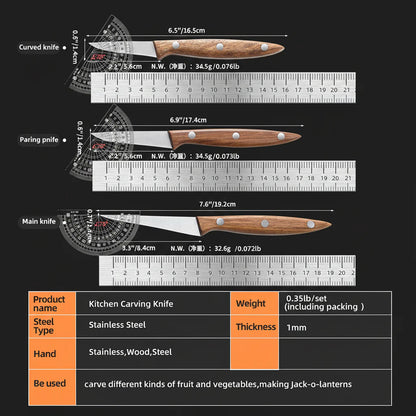3-Piece Stainless Steel Carving Knife Set — Wood Handle Kitchen Knives