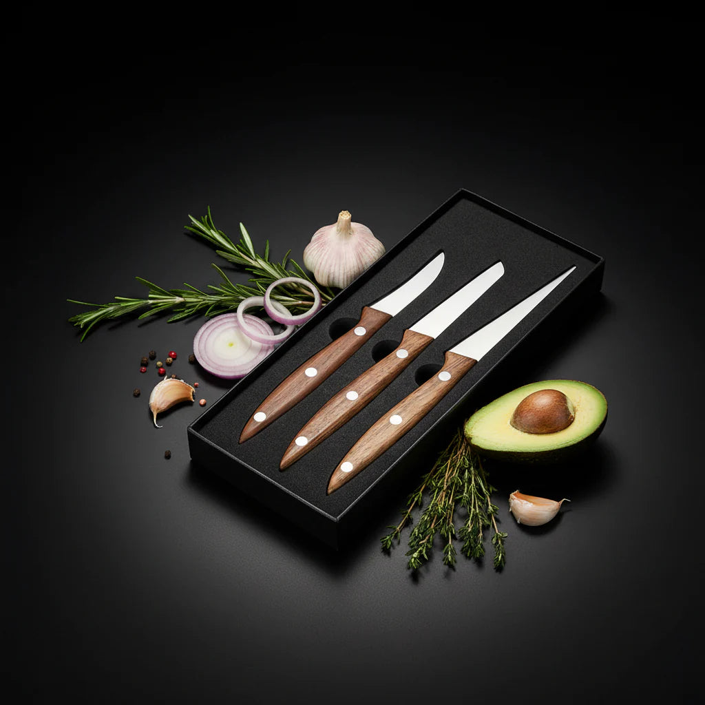 3-Piece Stainless Steel Carving Knife Set — Wood Handle Kitchen Knives
