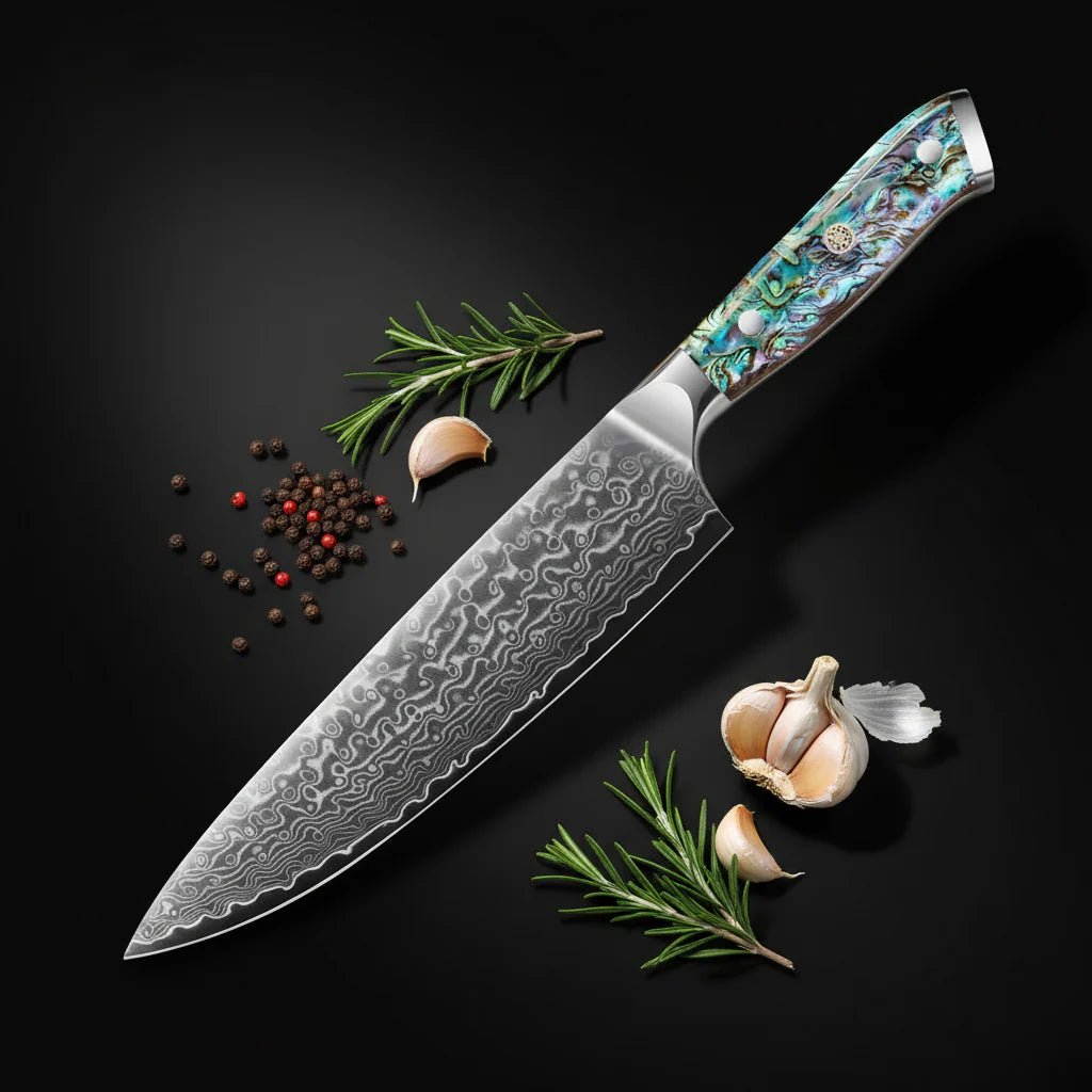 Damascus Chef Knife – Abalone Shell Ergonomic Handle