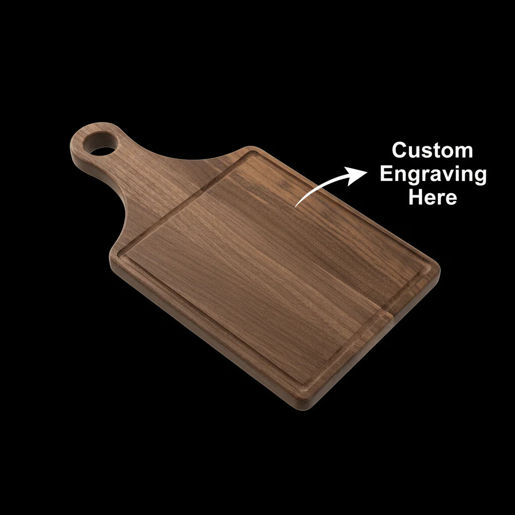 Walnut Cutting Board Paddle Shape 13×12×7 | Handmade Wooden Serving Board with Drip Ring | Premium Kitchen Board