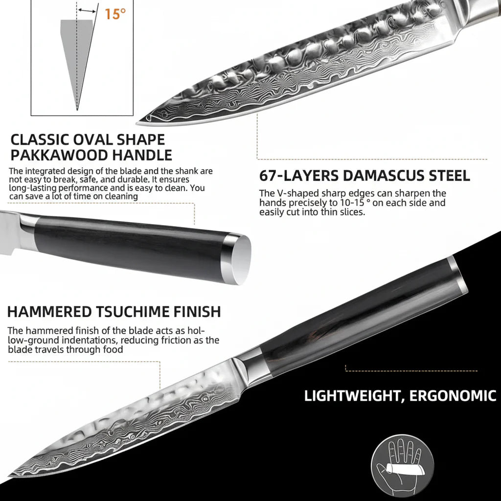 Damascus Steel Fruit & Fillet Knife — Vintage Wood Handle Chef Knife