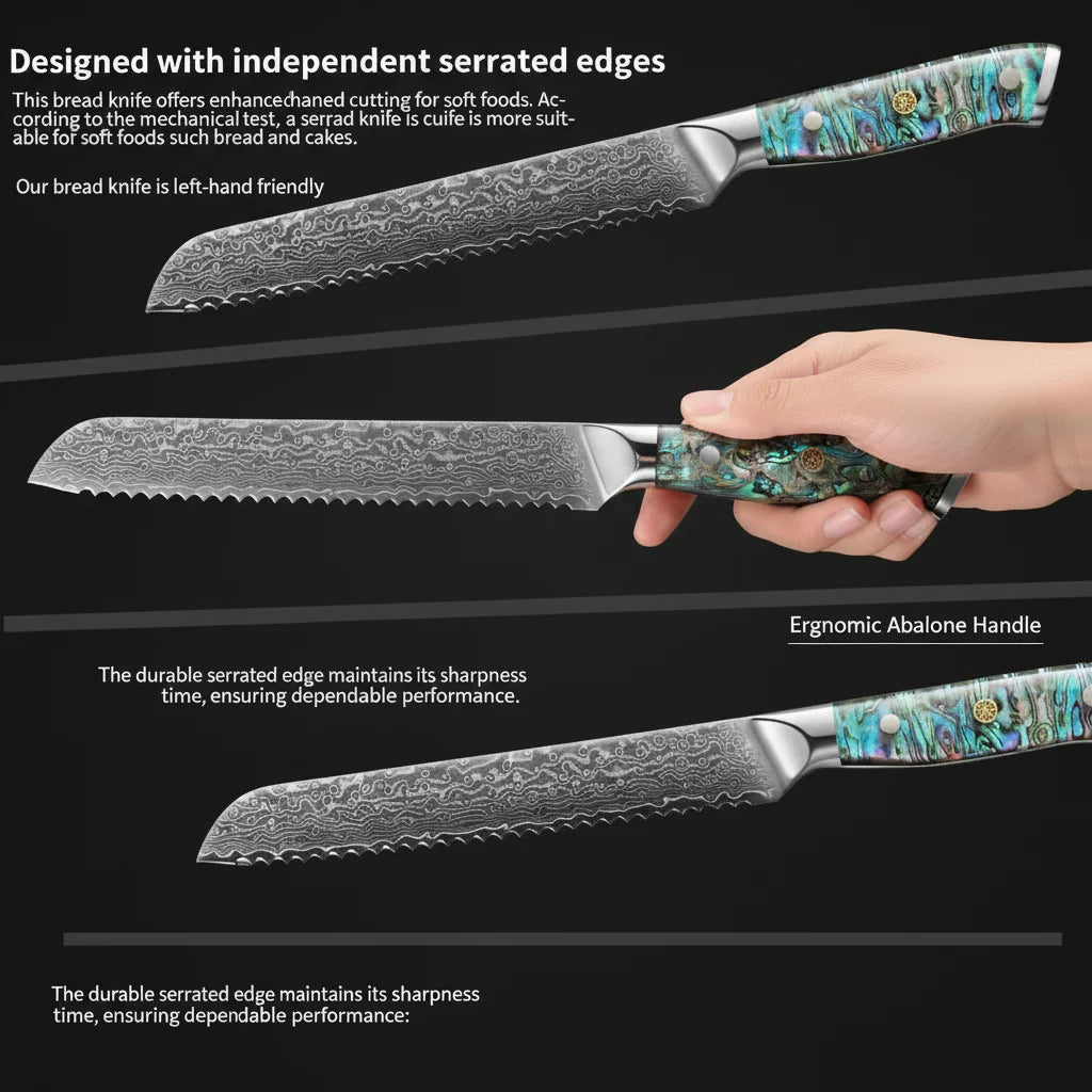 8-Inch Damascus Bread Knife – 67-Layer Steel, Abalone Shell Handle