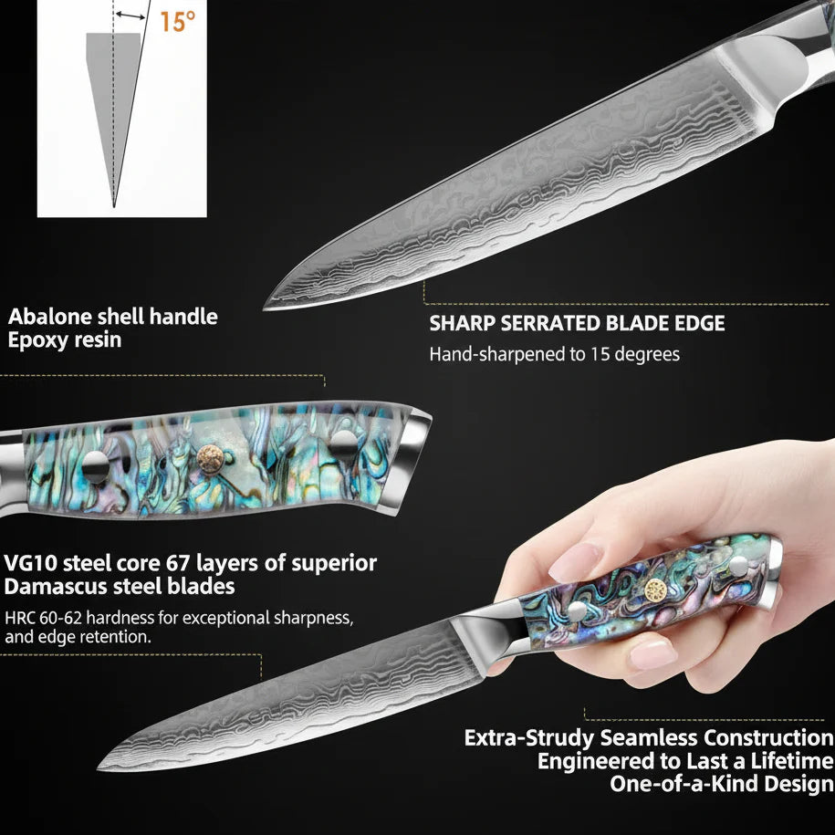 67-Layer Damascus Steel Utility Knife – Abalone Shell Handle, Professional Kitchen Knife